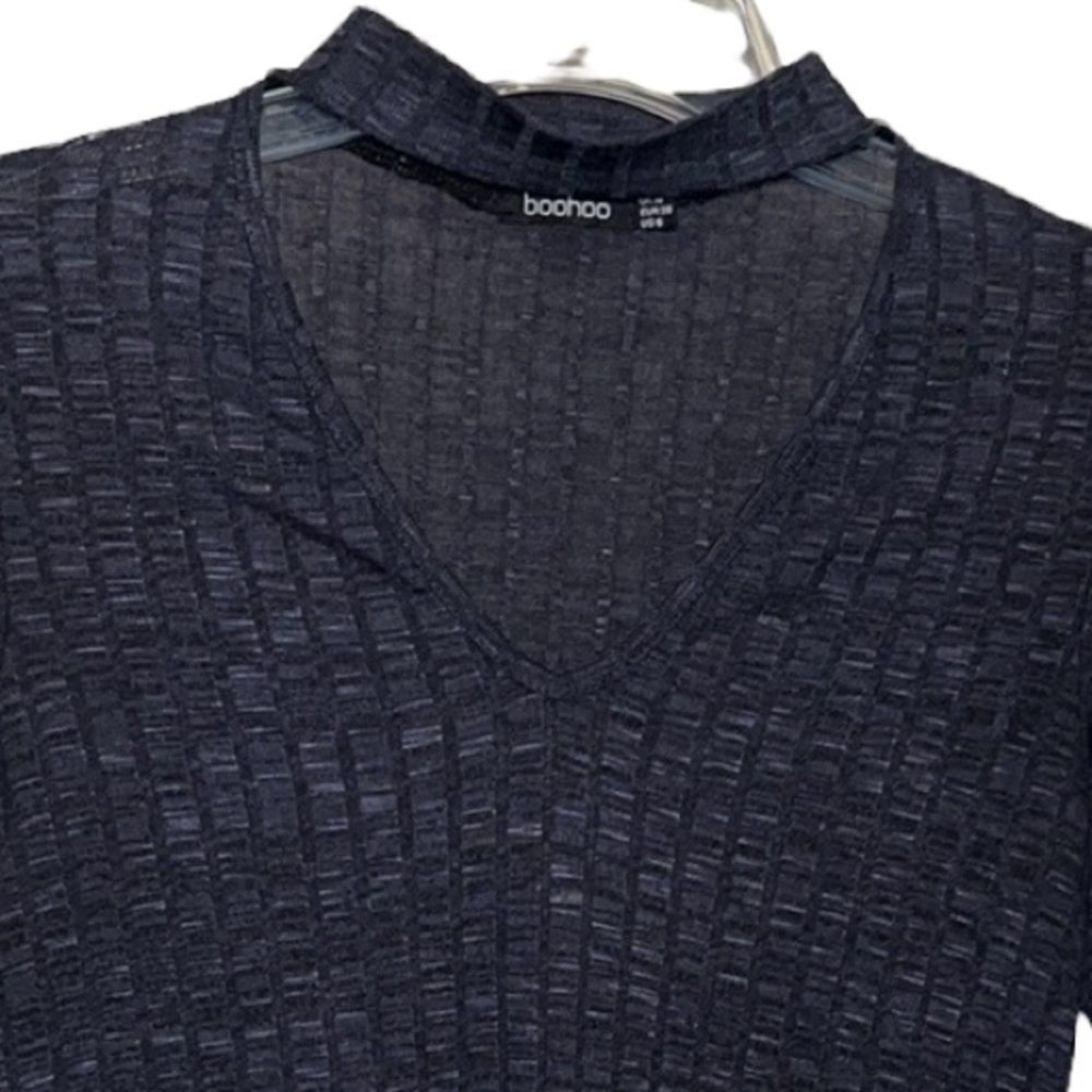 Boohoo Women’s Charcoal Grey Knit Long Sleeve V Neck Top Ribbed With Neck Collar - Picture 3 of 6